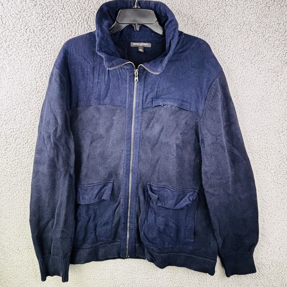 Banana Republic Jacket Men's  XL Blue Zip Heavy Pockets Cotton Wool READ NOTES